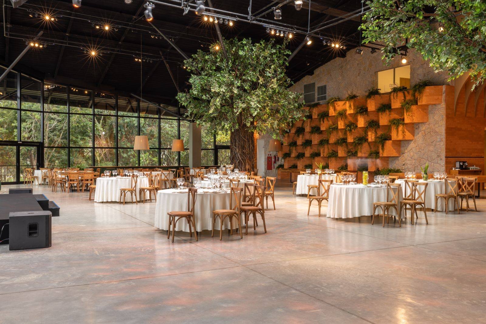 Salón de eventos decorado con árboles y plantas naturales en maceta